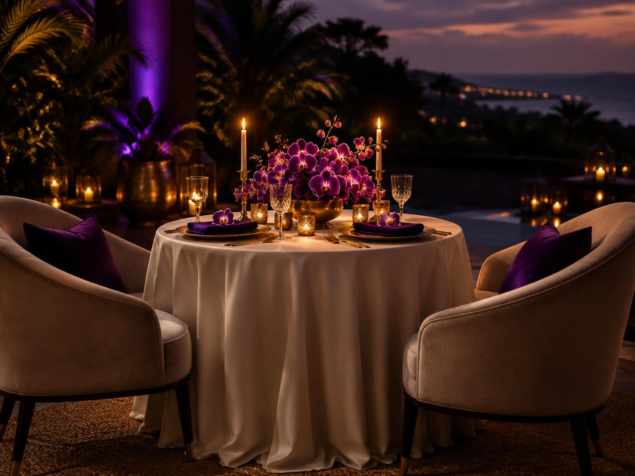 Intimate candlelit table setting styled in ivory, gold and purple (illustrative image)
